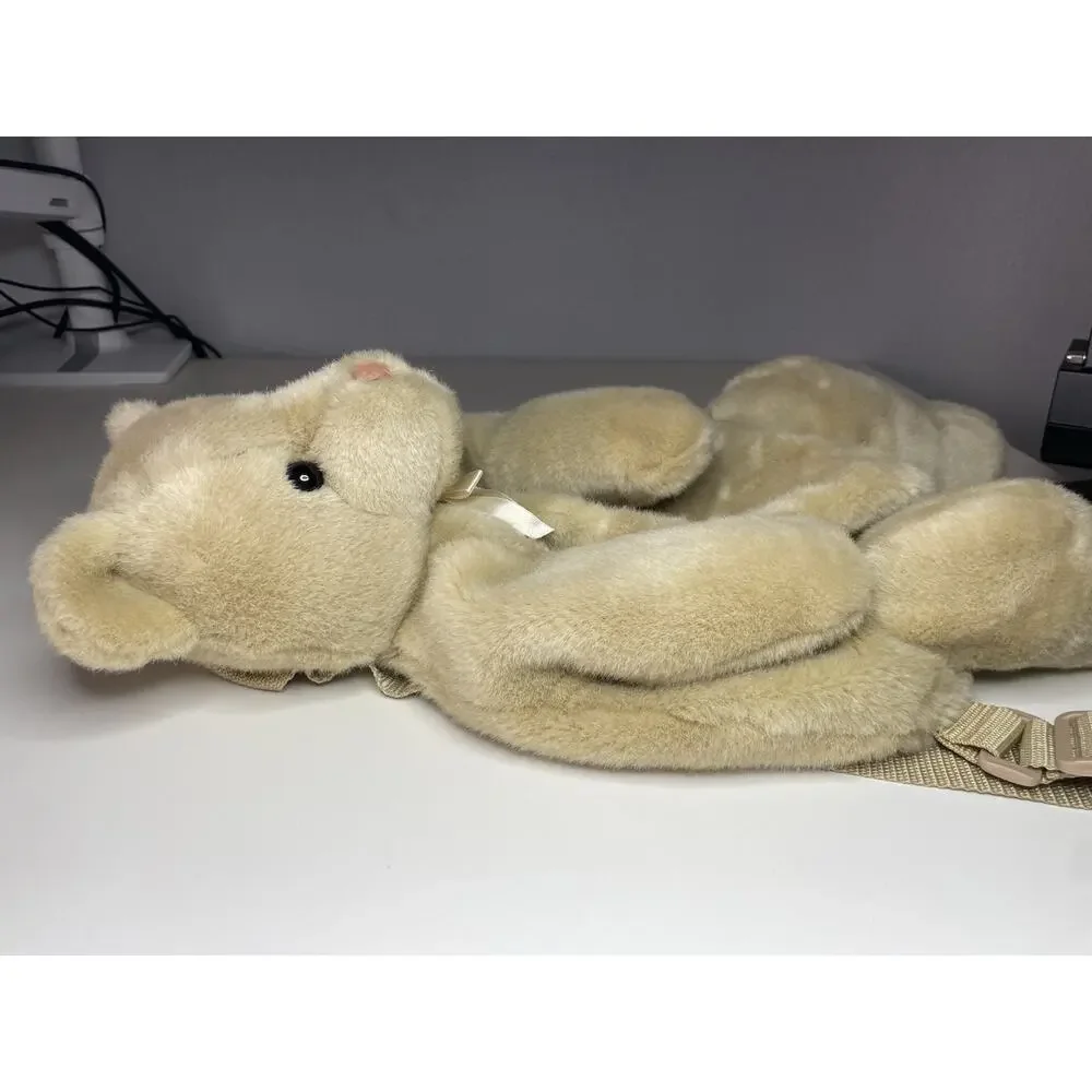 Vintage Mango Teddy Bear Backpack Plush 17” Brown Tan Beige Bow Stuffed Bag